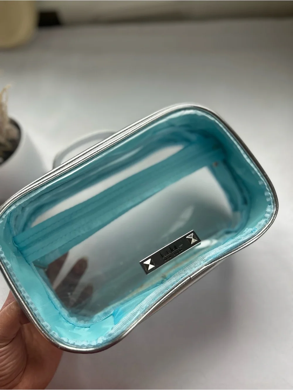 Kate hill Metallic Silver and Light Blue Women's Cosmetic Case